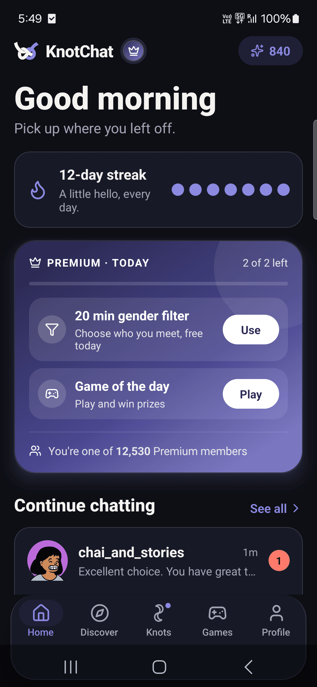 KnotChat app home screen
