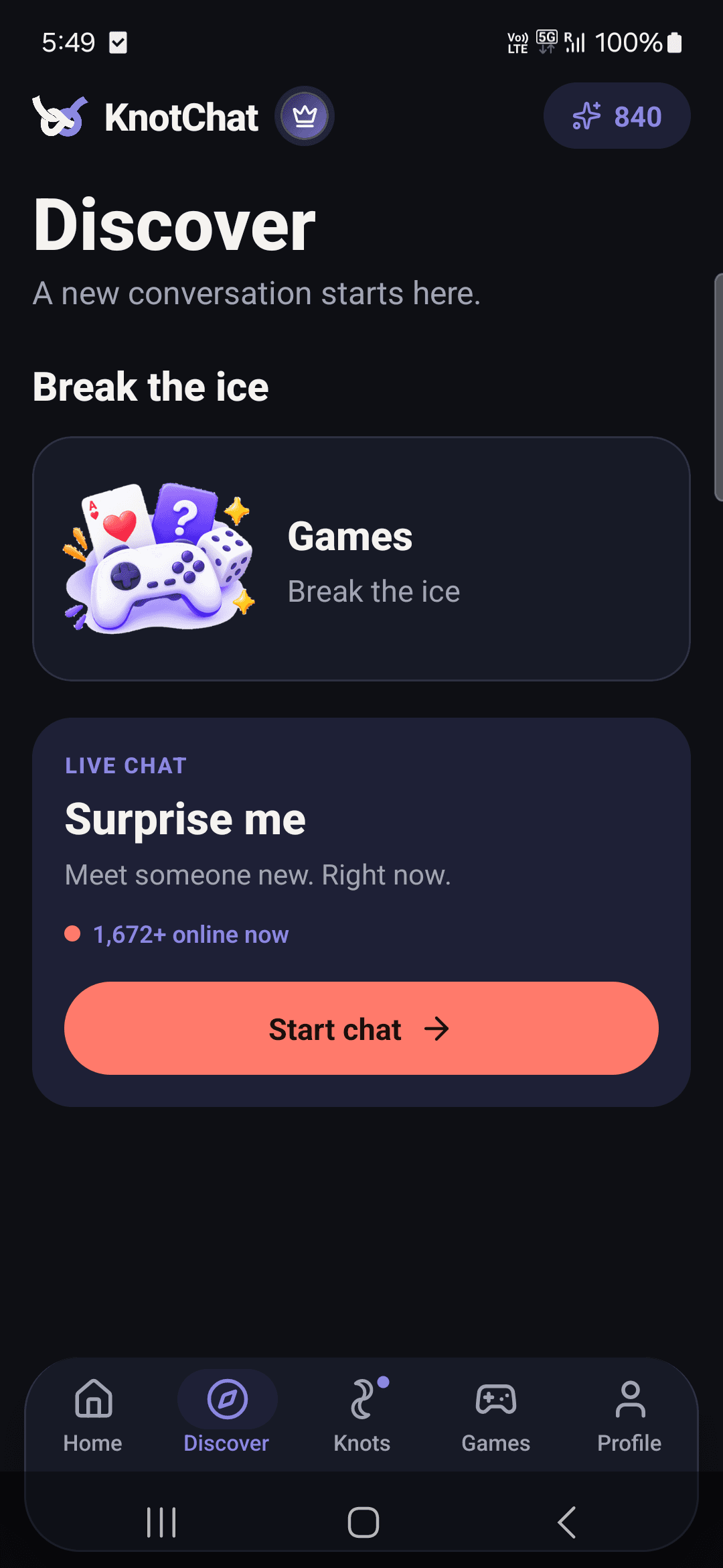 KnotChat Discover screen with the Surprise me chat