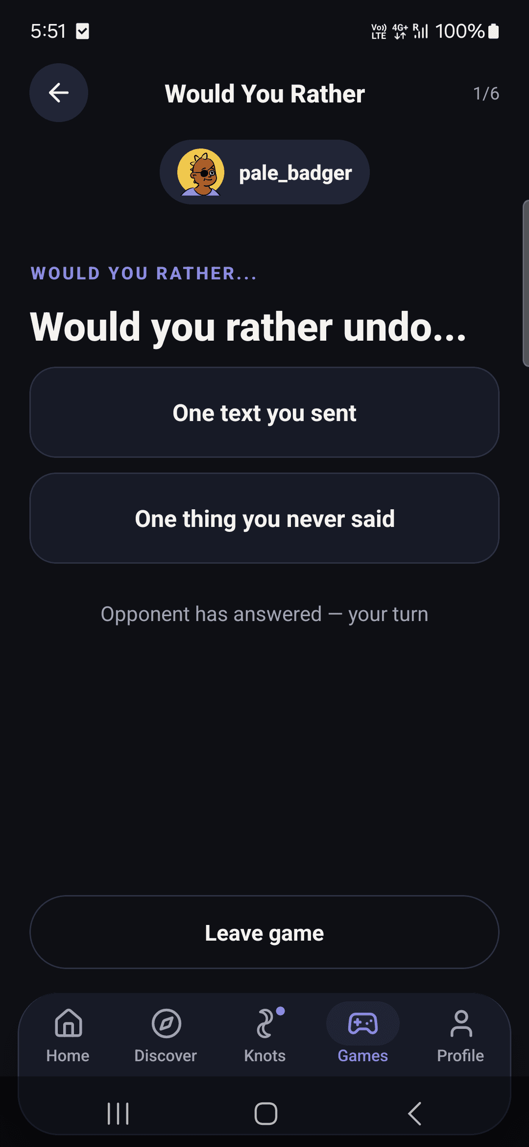 Would You Rather game in the KnotChat app