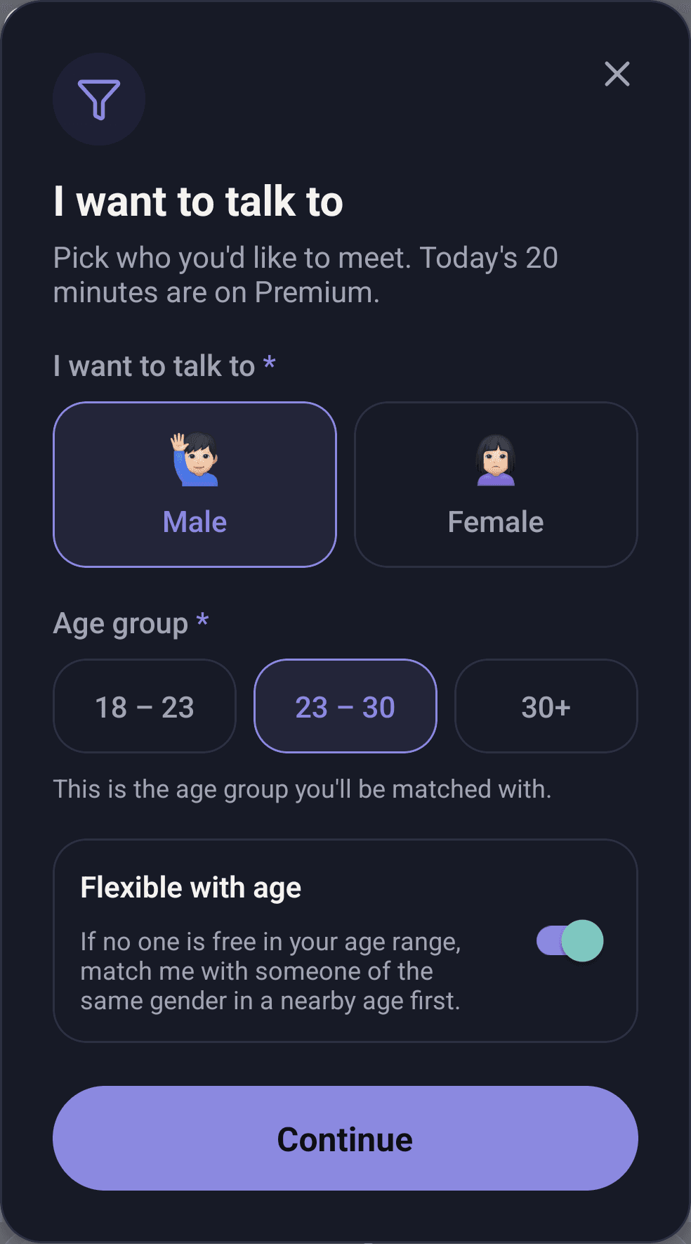 The gender and age-group filter in the KnotChat app